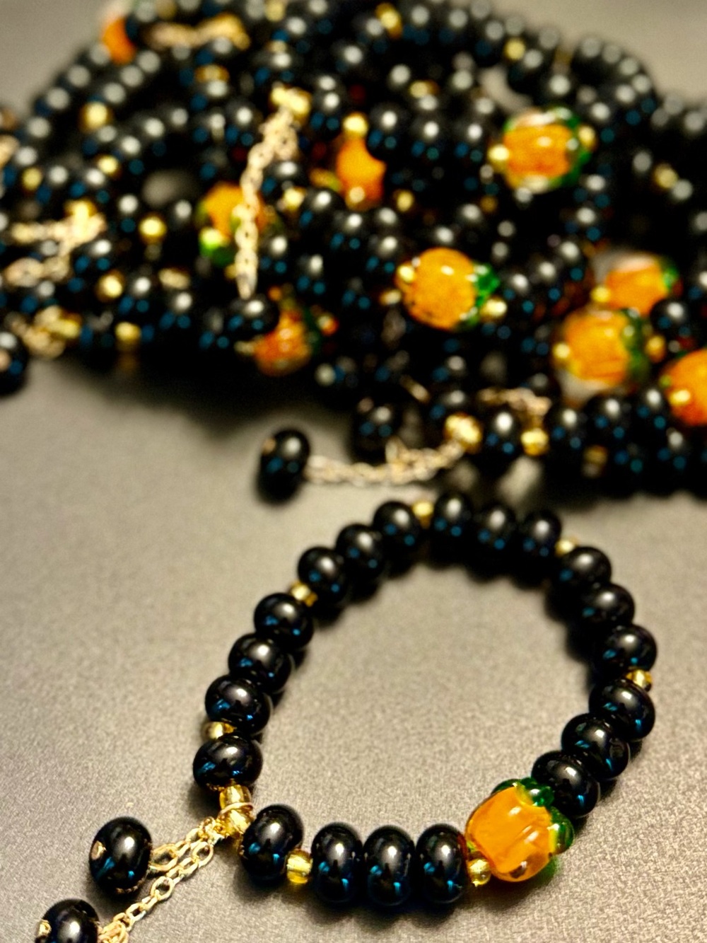 Set of 3 Black Beaded Bracelets with Pumpkin Accent Bead - Great for Fall & 🎃 - Picture 4 of 5